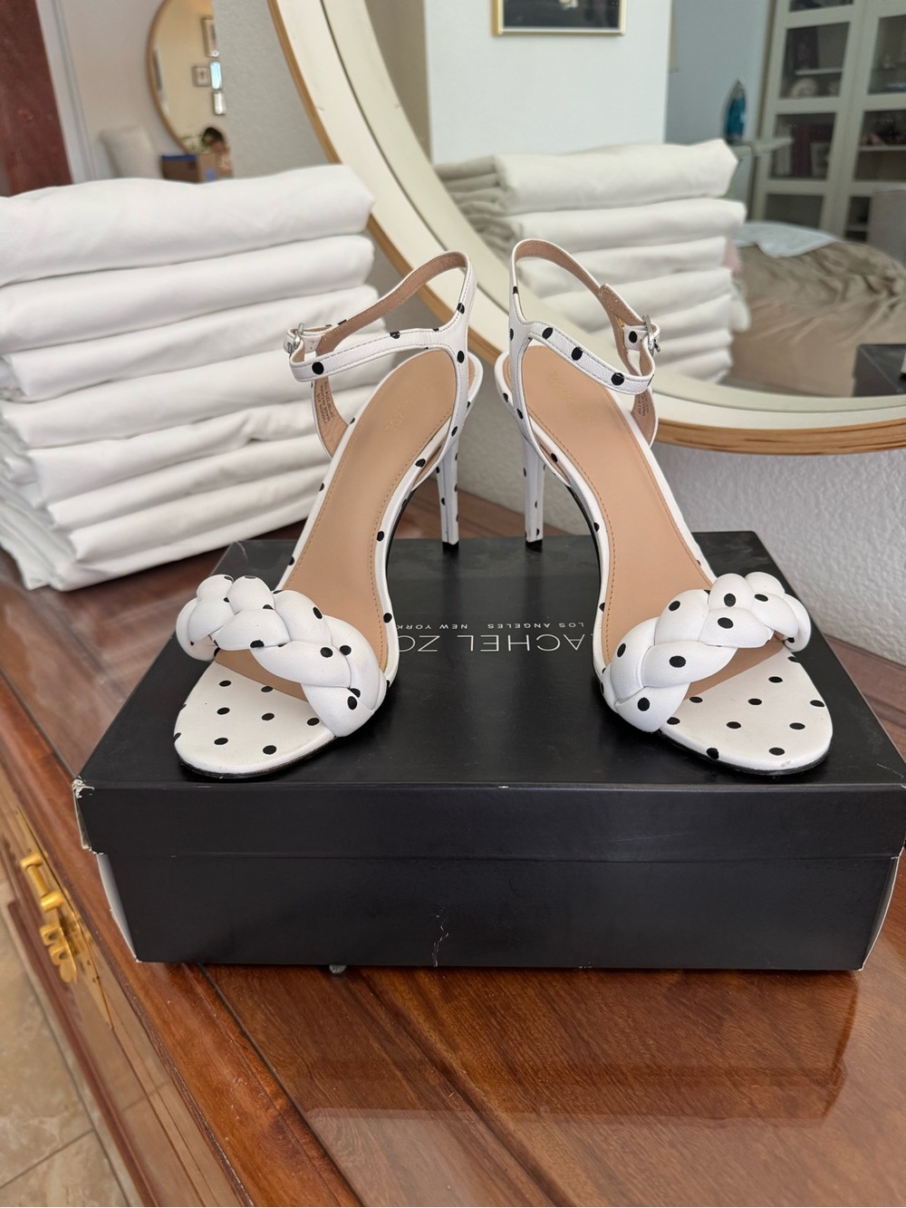 Rachel Zoe Polka Dot Braided Strap High Heel Sandals - White